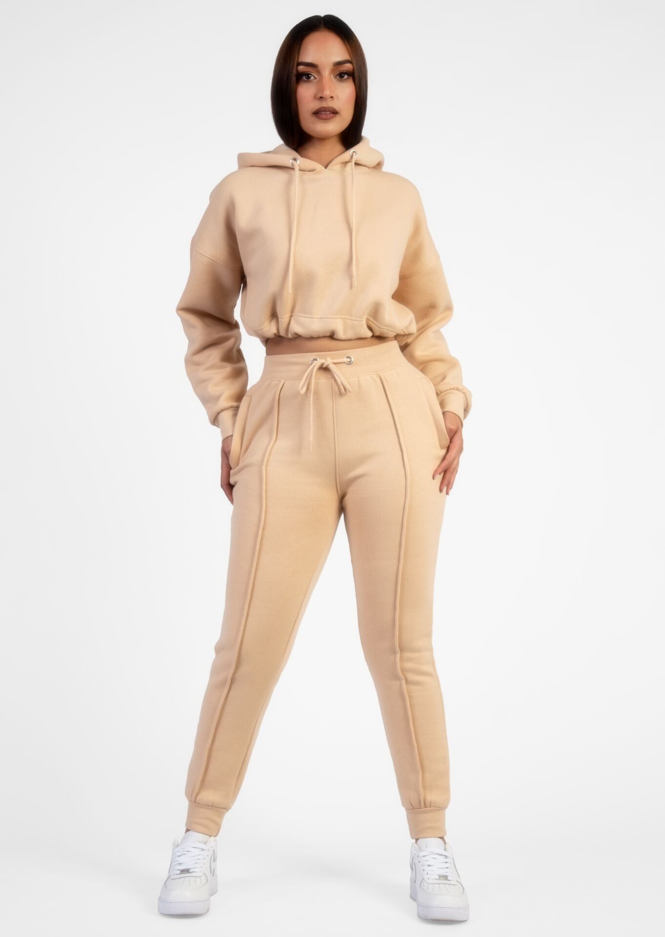 Beige Drawcord Pintuck Loungewear Set