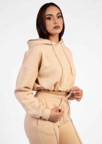 Beige Drawcord Pintuck Loungewear Set