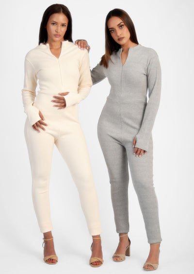 Cream Ribbed Jumpsuit