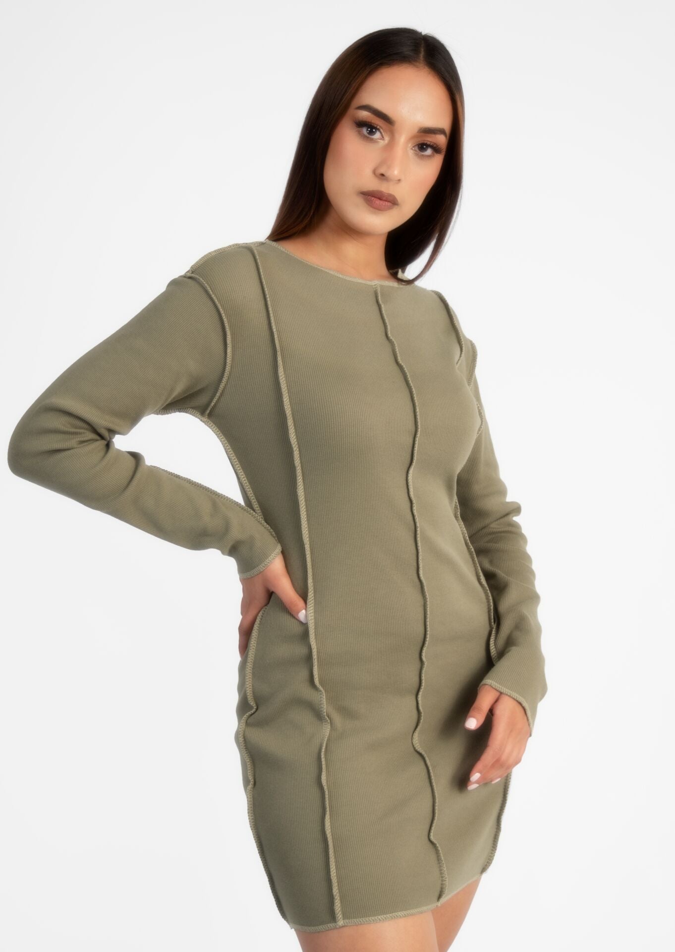 Khaki Rib Overlock Seam Dress
