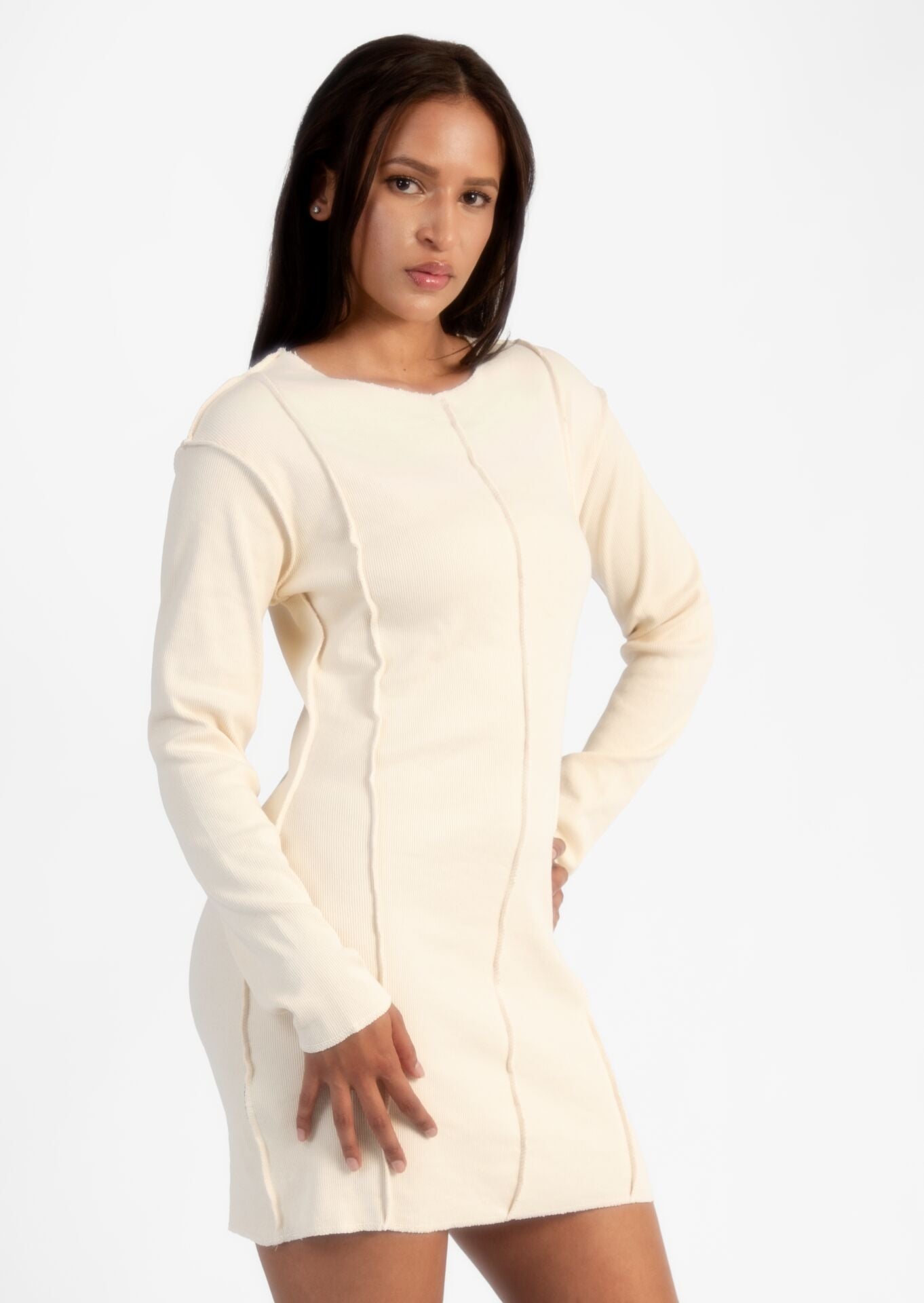 Cream Rib Overlock Seam Dress