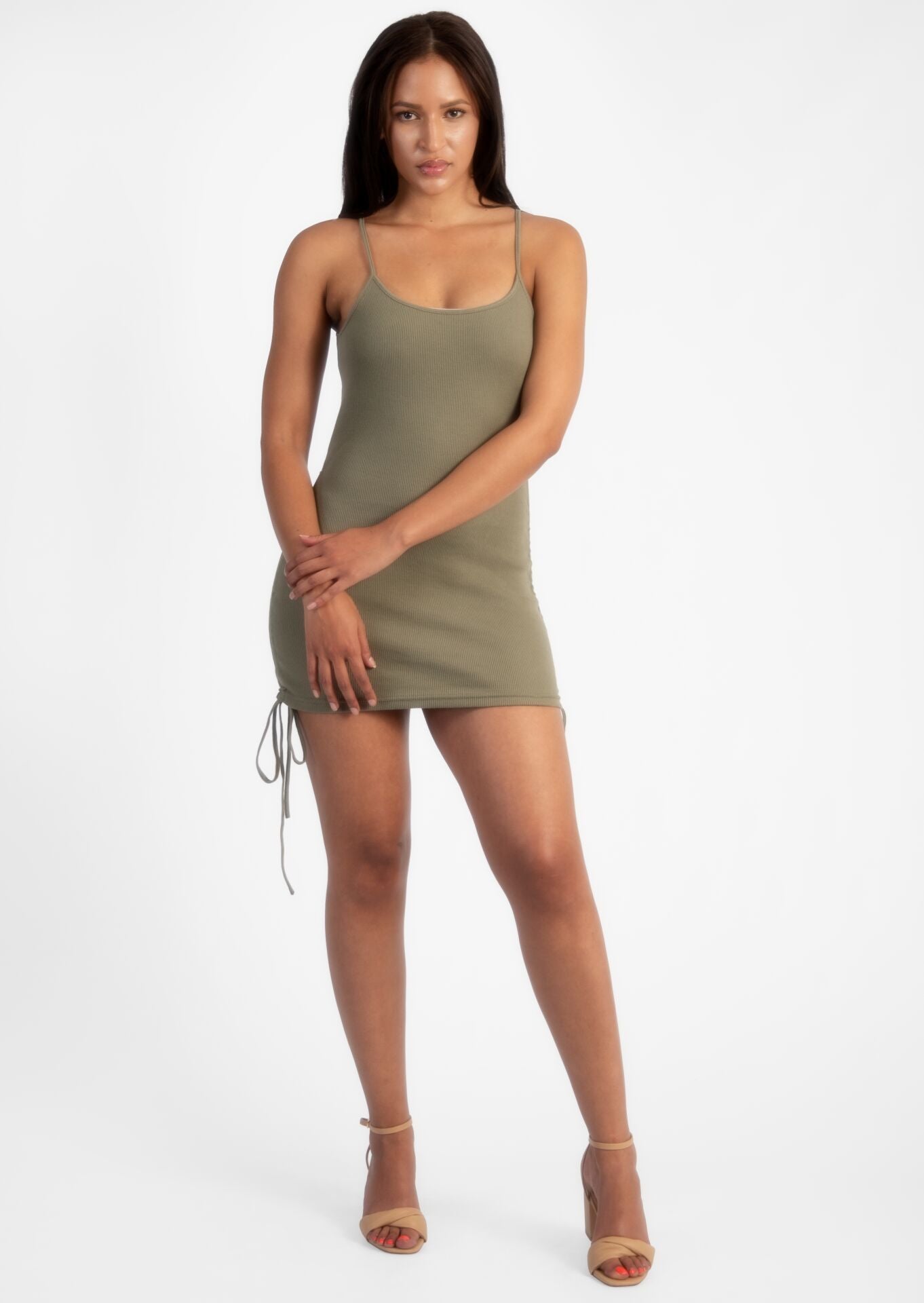Khaki Ruched Cord Dress