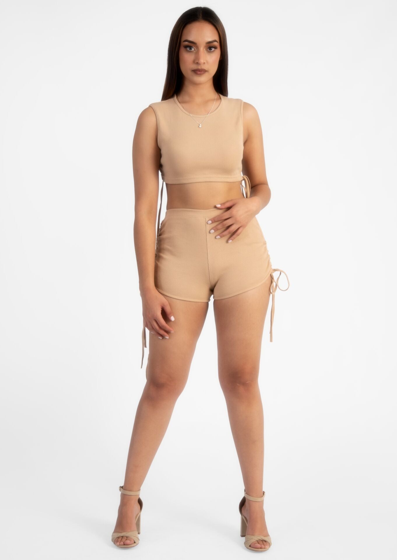Nude Ruched Top & Shorts Set