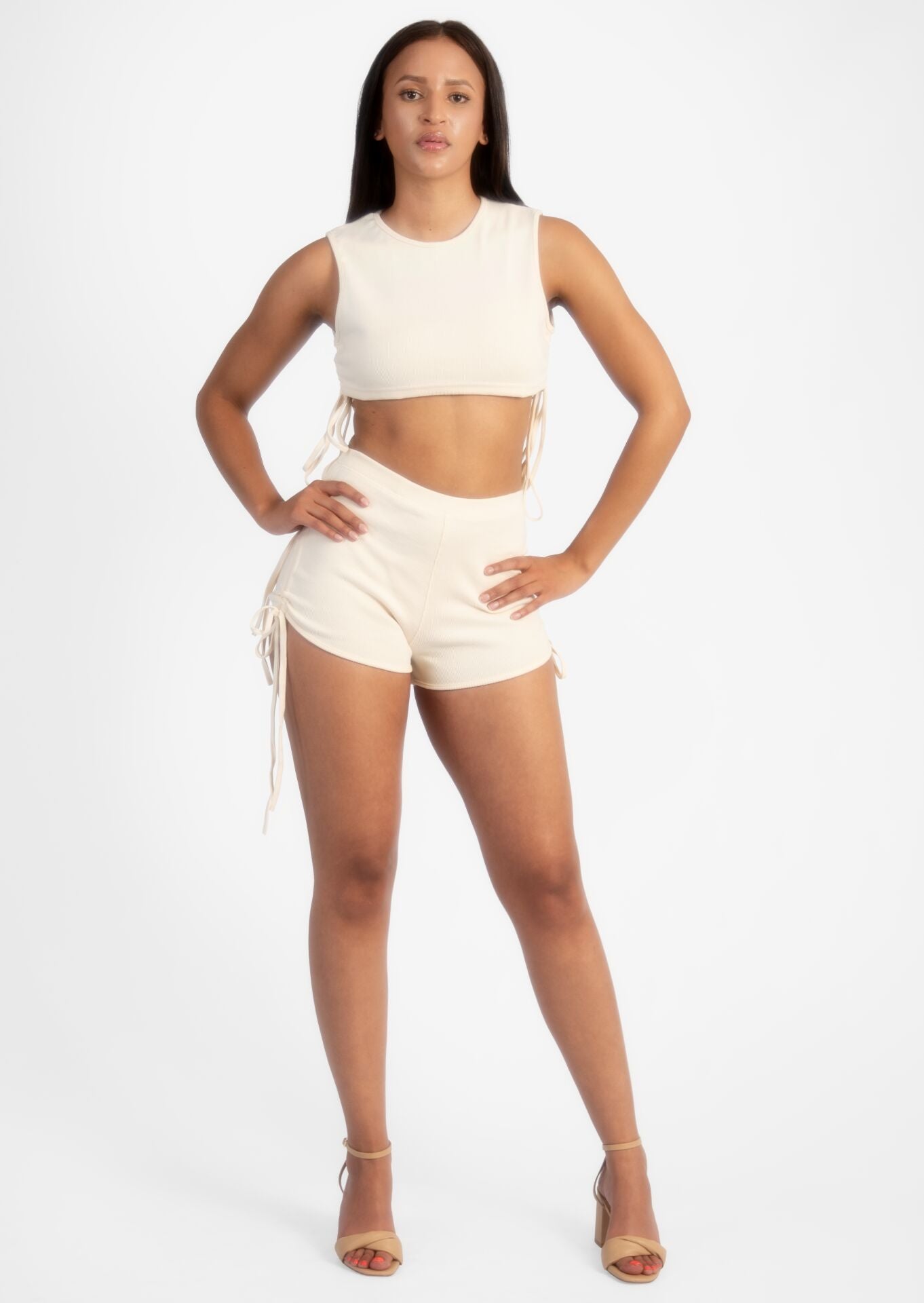 Cream Ruched Top & Shorts Set