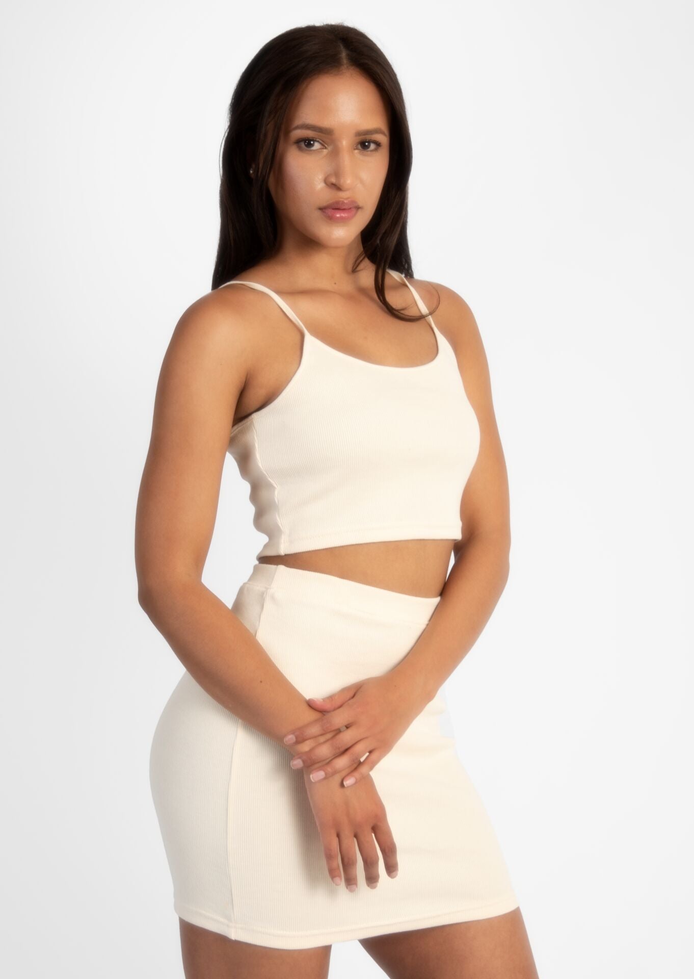 Cream Ribbed Top&Mini Skirt Set