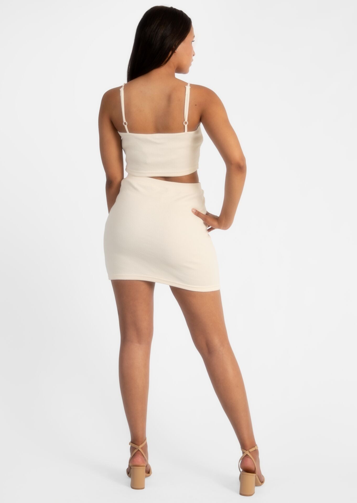 Cream Ribbed Top&Mini Skirt Set