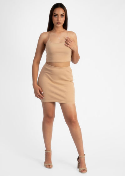Nude Ribbed Top&Mini Skirt Set