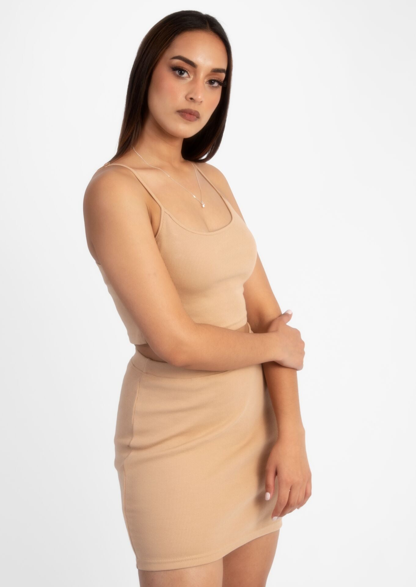 Nude Ribbed Top&Mini Skirt Set