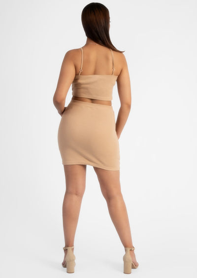 Nude Ribbed Top&Mini Skirt Set