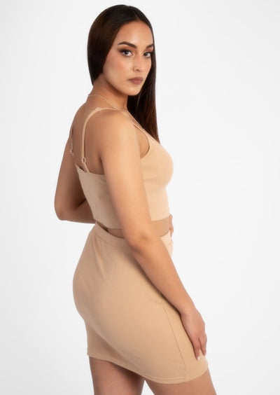 Nude Ribbed Top&Mini Skirt Set