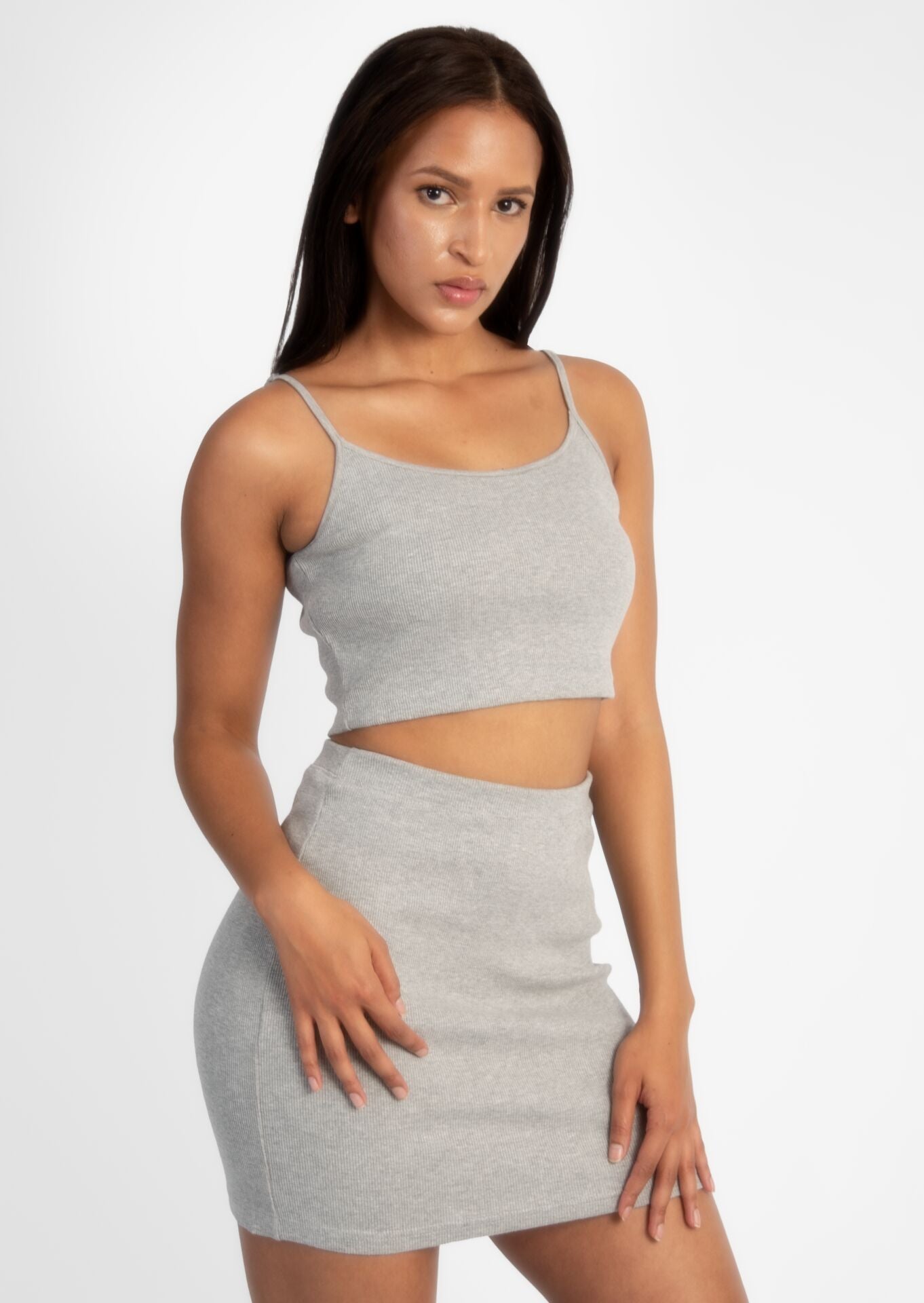 Grey Ribbed Top&Mini Skirt Set