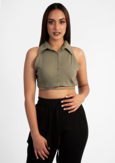 Khaki Green Sleeveless Button Up Collared Crop Top