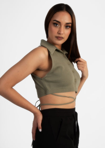Khaki Green Sleeveless Button Up Collared Crop Top