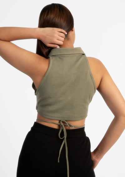 Khaki Green Sleeveless Button Up Collared Crop Top