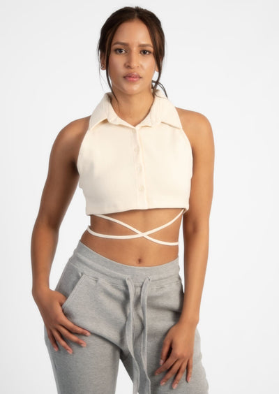 Cream Ribbed Sleeveless Button Up Collared Crop Top