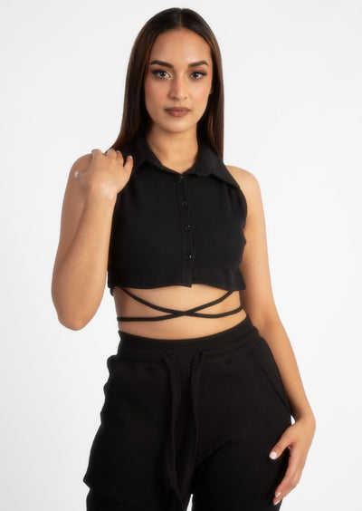 Black Ribbed Sleeveless Button Up Collared Crop Top