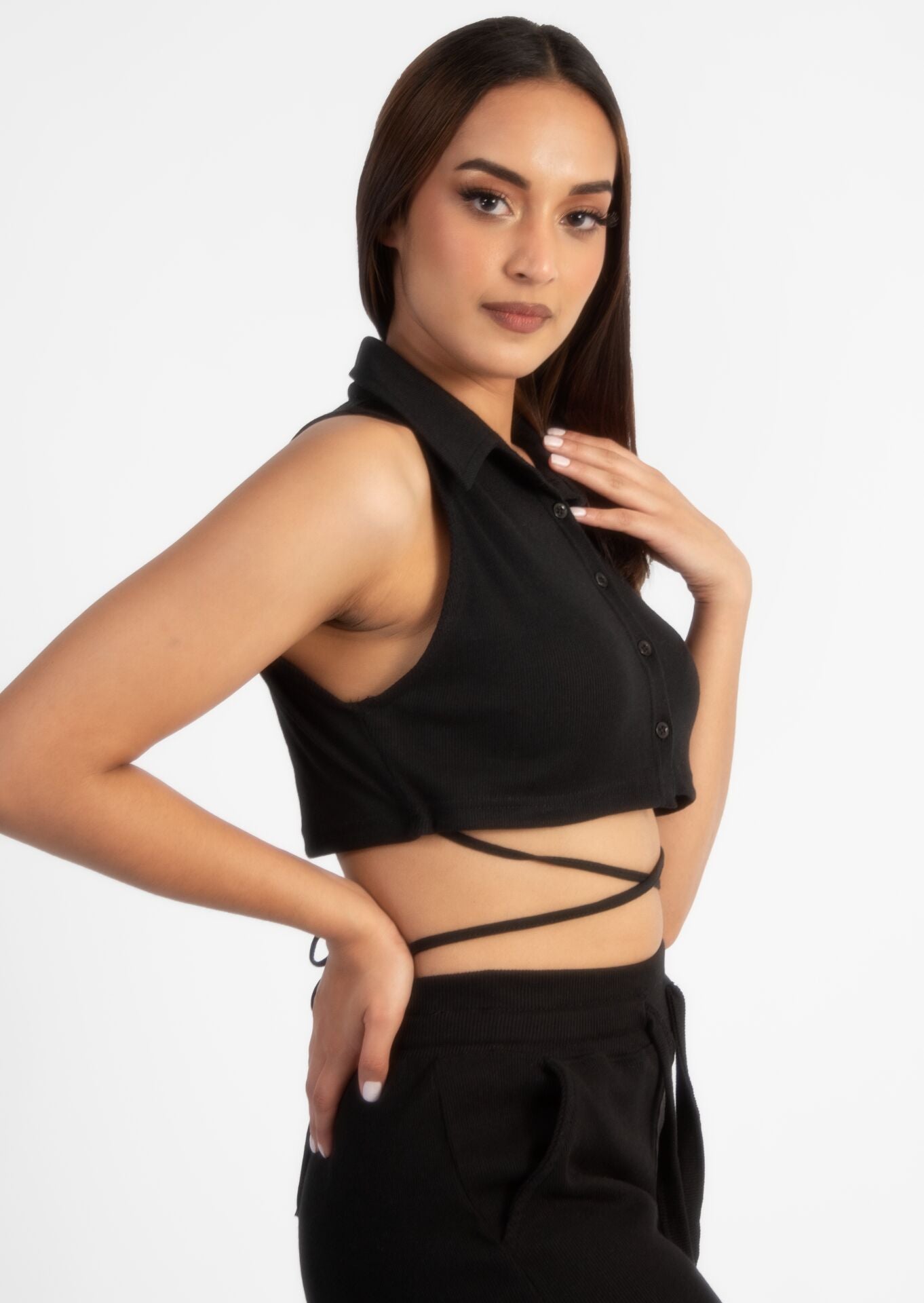 Black Ribbed Sleeveless Button Up Collared Crop Top