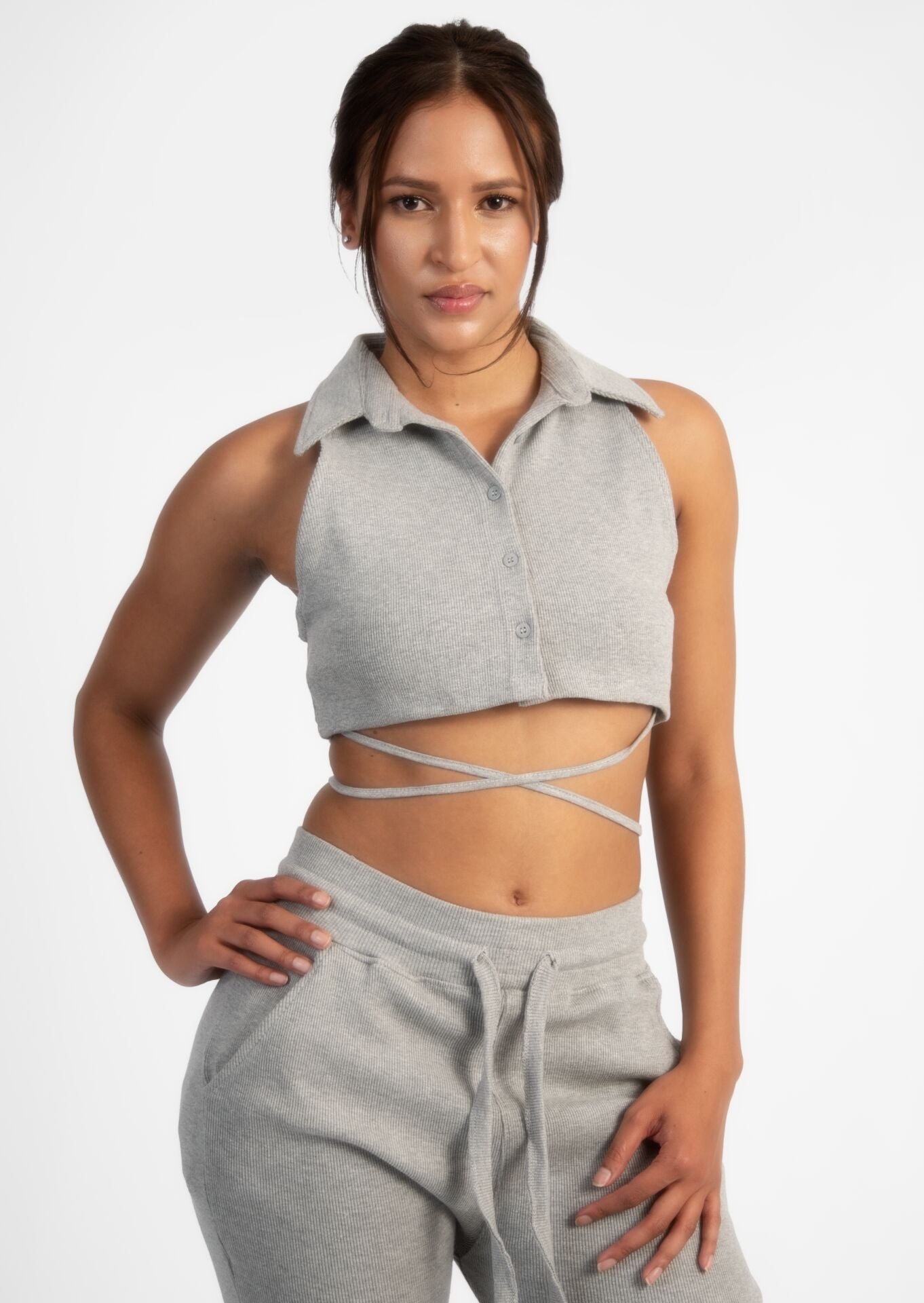 Grey Ribbed Sleeveless Button Up Collared Crop Top