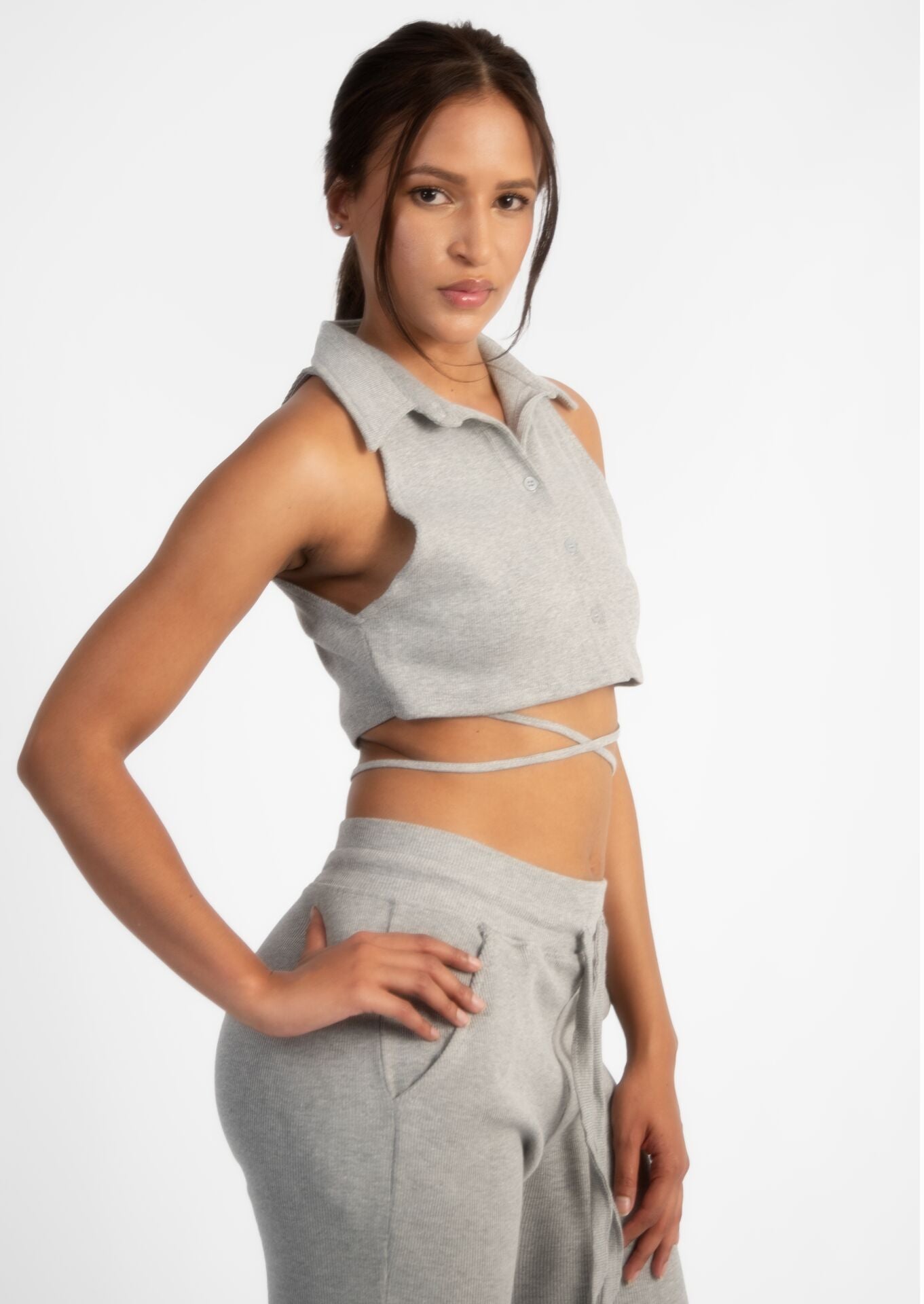 Grey Ribbed Sleeveless Button Up Collared Crop Top