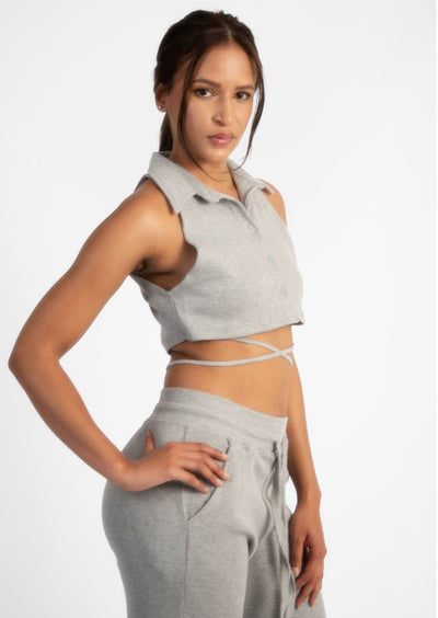 Grey Ribbed Sleeveless Button Up Collared Crop Top