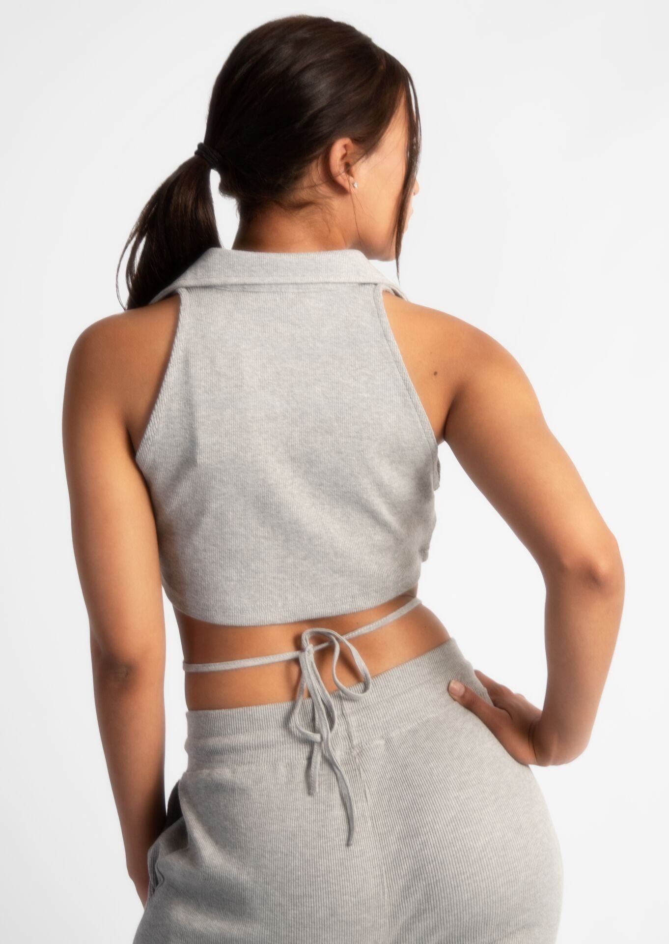 Grey Ribbed Sleeveless Button Up Collared Crop Top