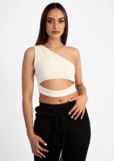 Cream Off Shoulder Cut Crop Rib Top