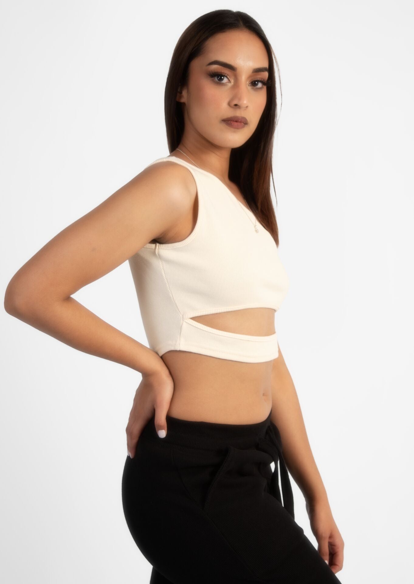 Cream Off Shoulder Cut Crop Rib Top