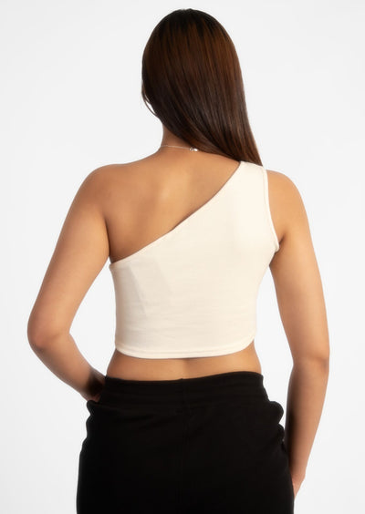 Cream Off Shoulder Cut Crop Rib Top
