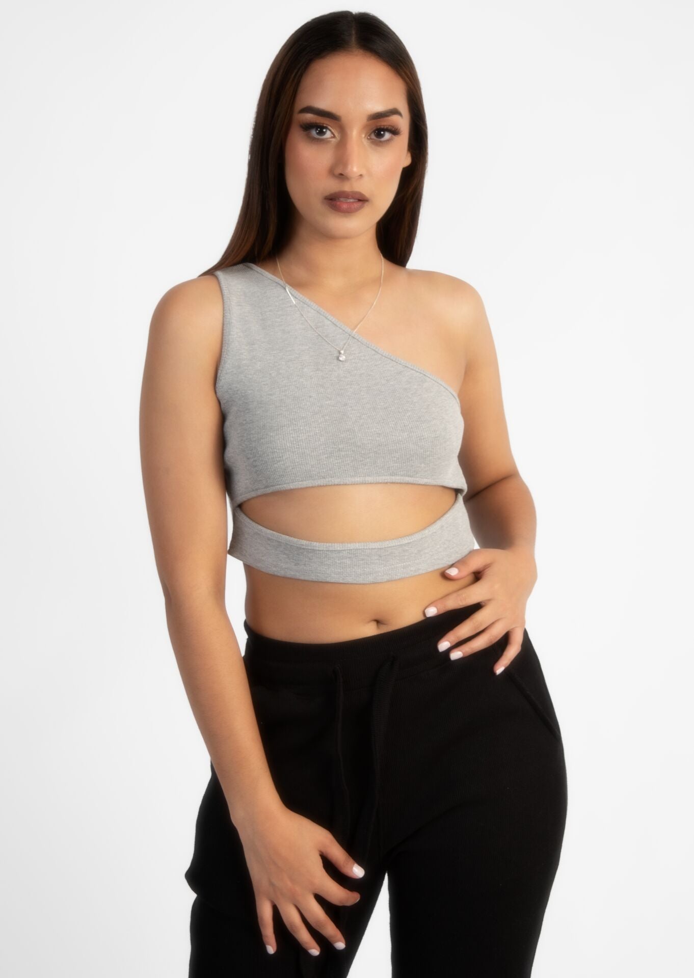 Grey Off Shoulder Cut Crop Rib Top