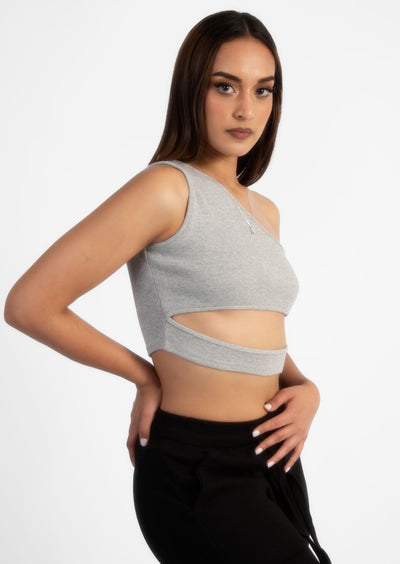 Grey Off Shoulder Cut Crop Rib Top