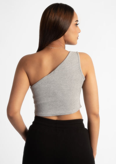 Grey Off Shoulder Cut Crop Rib Top