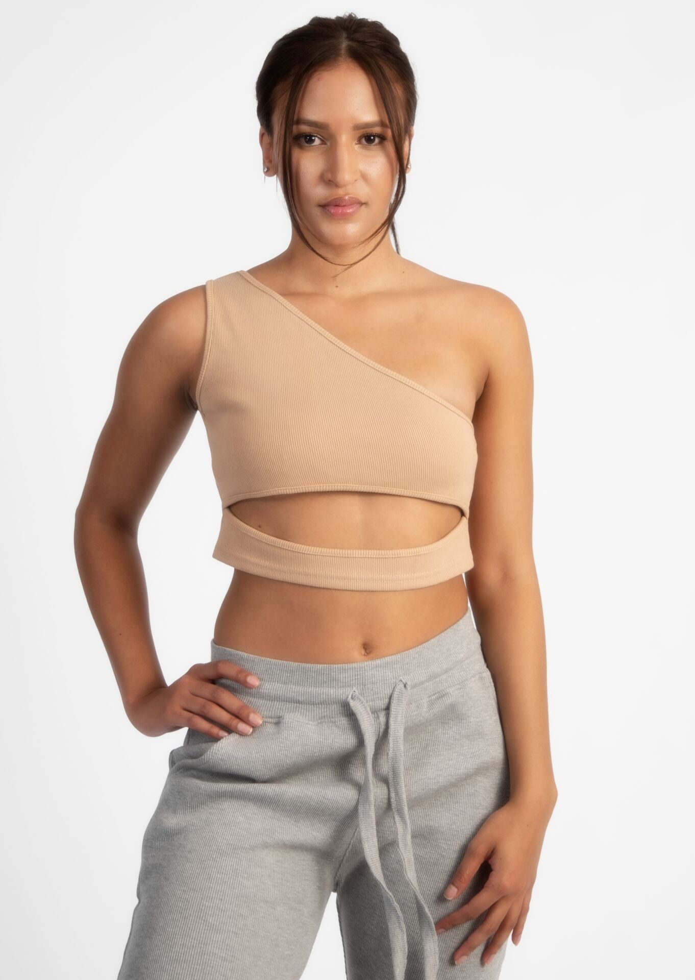 Nude Off Shoulder Cut Crop Rib Top
