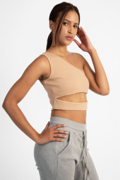 Nude Off Shoulder Cut Crop Rib Top