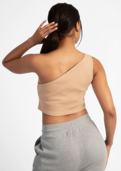 Nude Off Shoulder Cut Crop Rib Top
