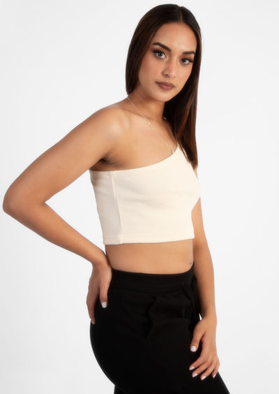Cream Off Shoulder Crop Rib Top