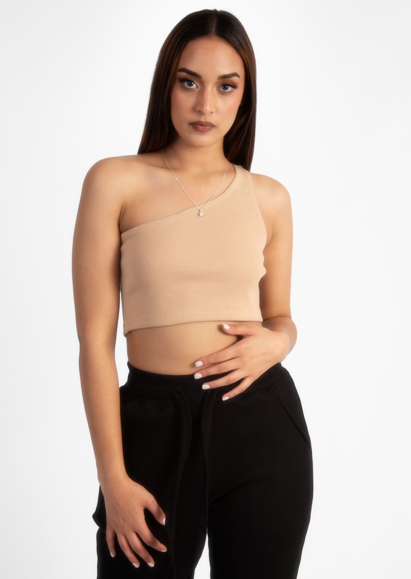 Nude Off Shoulder Crop Rib Top