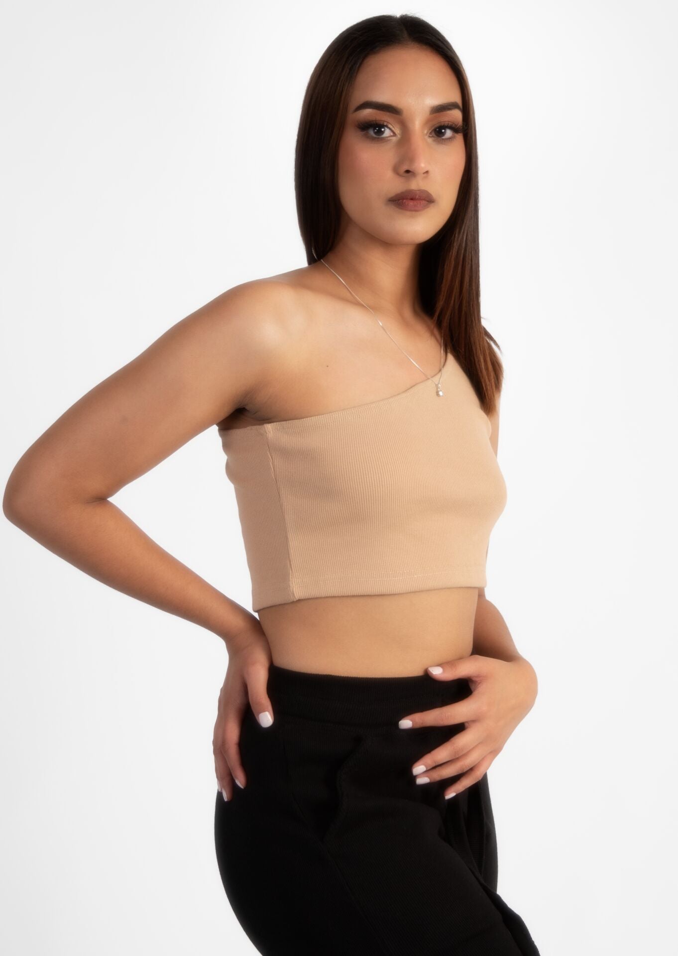 Nude Off Shoulder Crop Rib Top