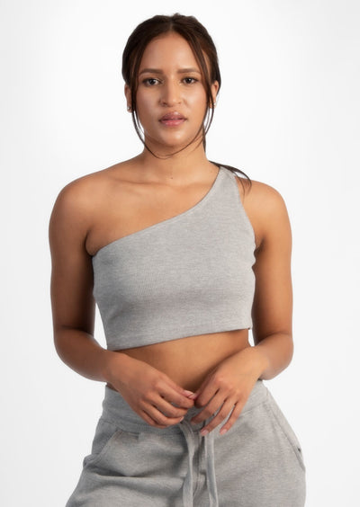 Grey Off Shoulder Crop Rib Top