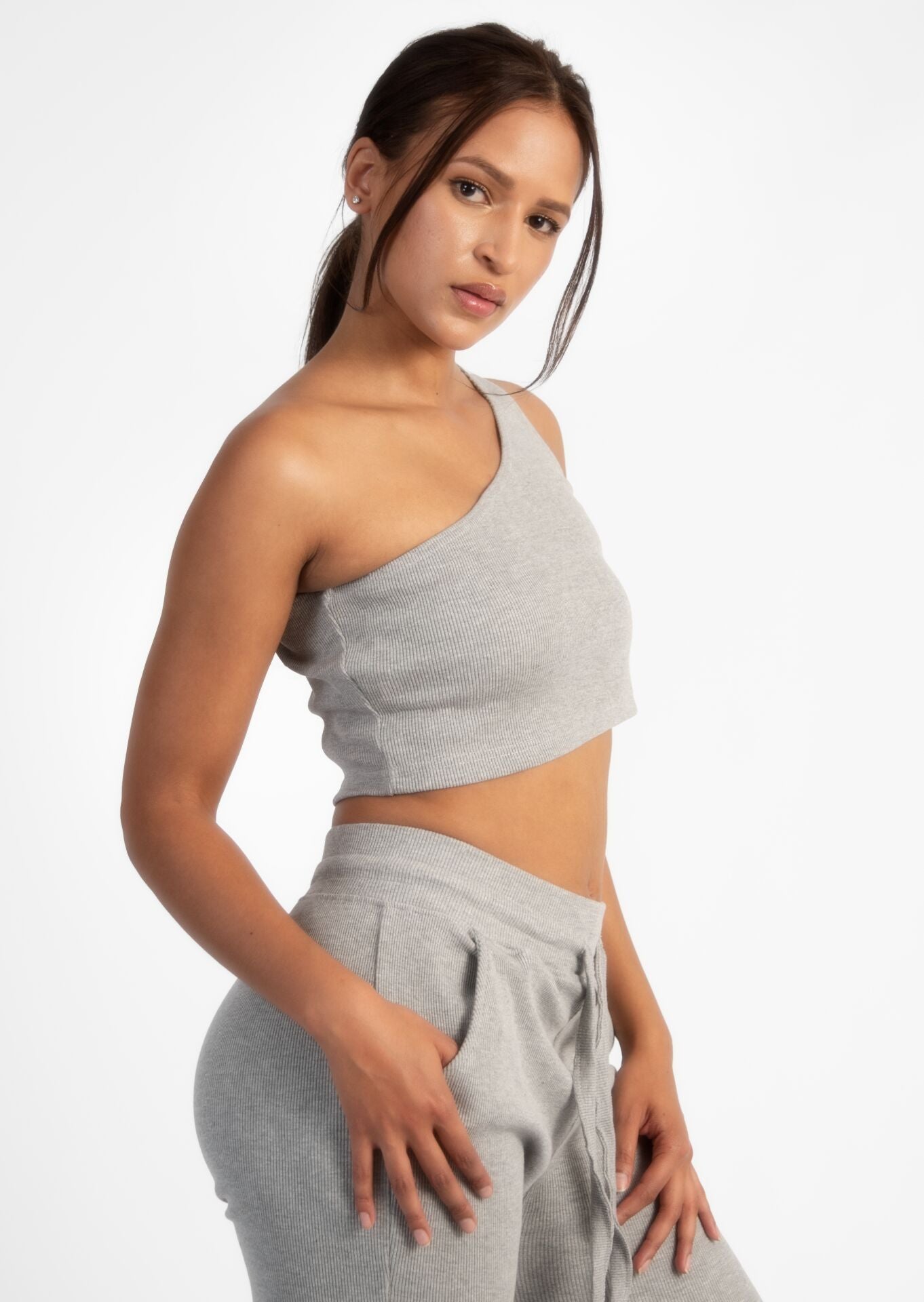 Grey Off Shoulder Crop Rib Top